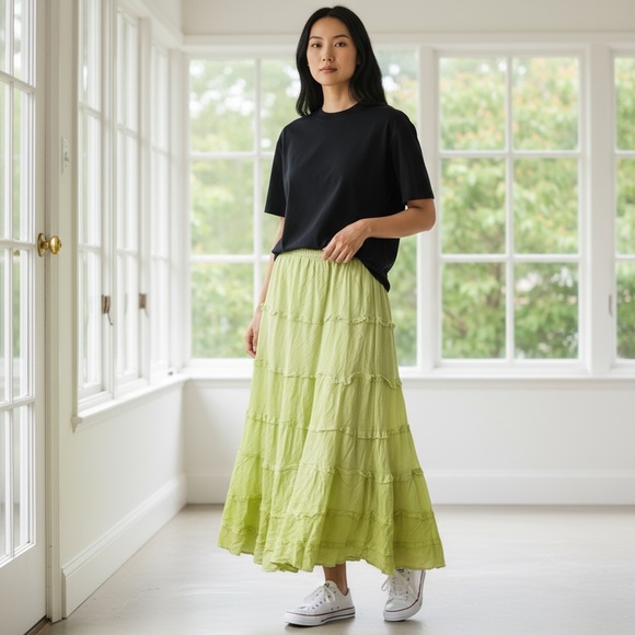CATO medium Lime Green Tiered Skirt rayon lined maxi skirt spring ombre - Picture 1 of 4